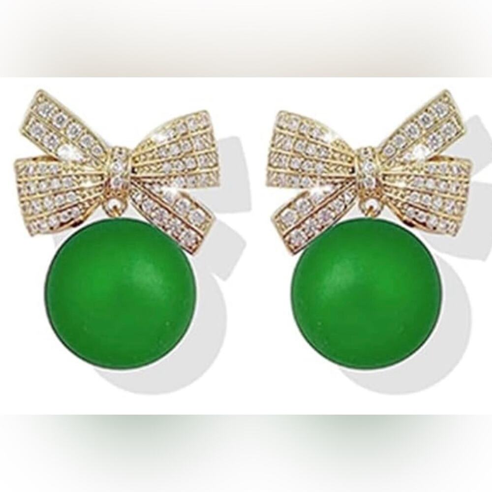 Gold Rhinestone Bow and Green Pearl Earrings